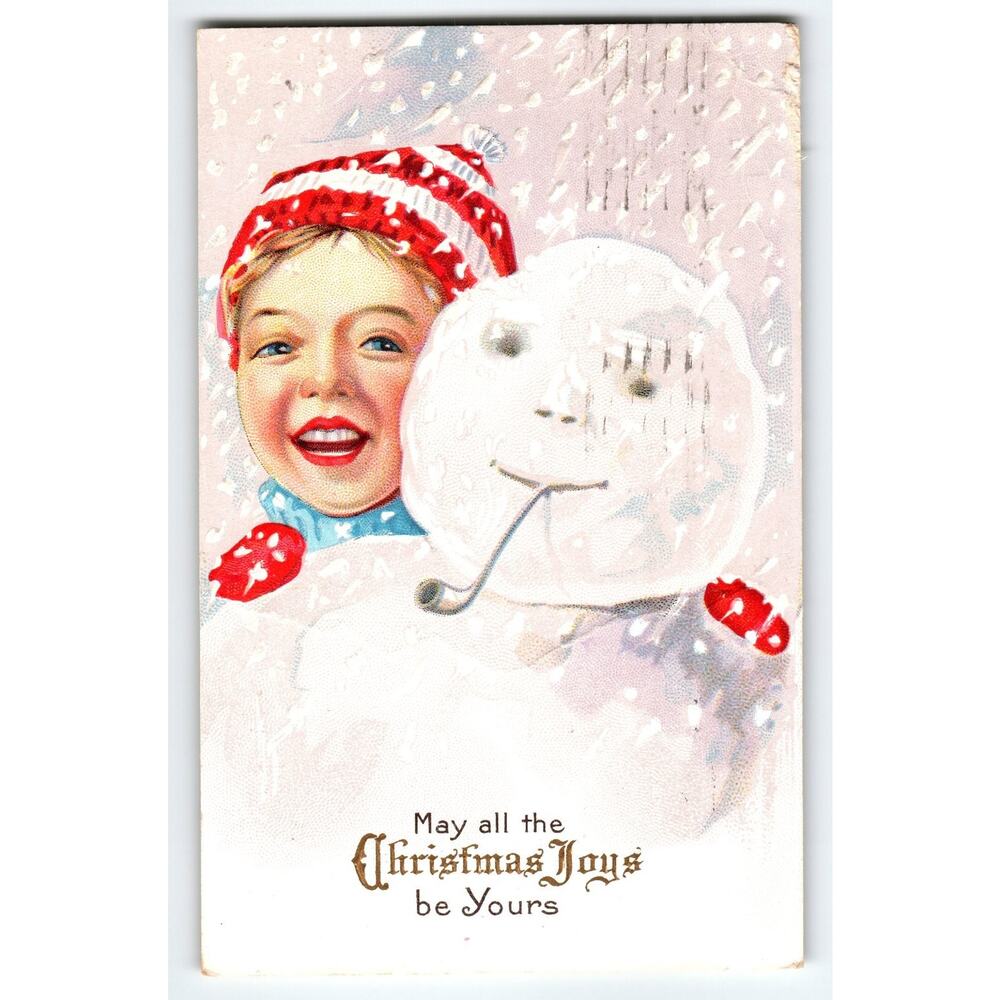 Vintage 1915 Christmas Postcard Boy with Snowman & Pipe Holiday Joys Stecher